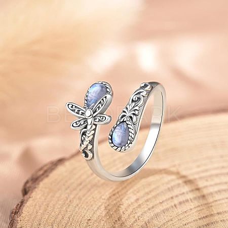 Teardrop & Dragonfly Bohemian Style Zinc Alloy with Resin Synthetic Moonstone Cuff Rings for Women FS-WGB4FBF-01-1-1