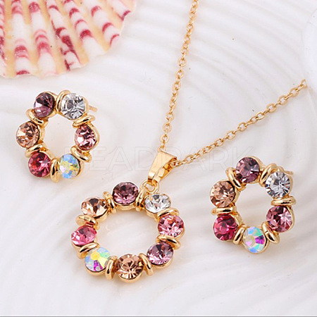 Ring Alloy Rhinestone Pendant Necklace & Stud Earrings Sets WG4EA96-02-1