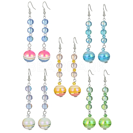 Stripe Resin & Glass Round Bead Dangle Earrings for Women EJEW-JE05301-1