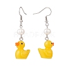 Gold Resin Duck with Natural Pearl Beaded Dangle Earrings EJEW-TA00147-2