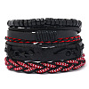 4Pcs 4 Styles Wood Beads Stretch Braceletas & Alloy Artificial Leather Cord Bracelet Sets for Men FS-WG9743B-06-1