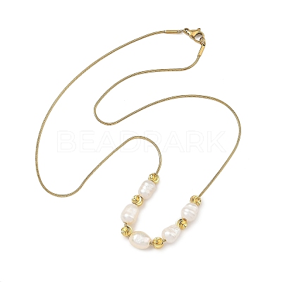 Natural Cultured Freshwater Pearl Rice Beaded Necklaces with Brass Round Snake Chains NJEW-JN06399-1