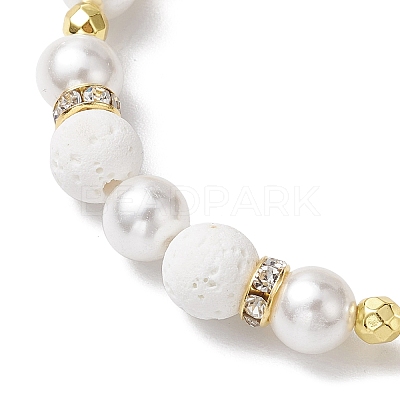 7Pcs 7 Colors Round Synthetic Lava Rock & Shell Pearl Beaded Stretch Bracelet Sets BJEW-JB10377-1
