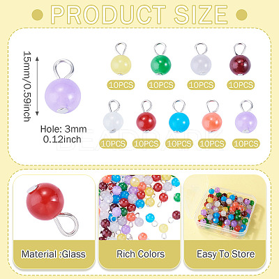 90Pcs 9 Colors Baking Paint Imitation Jade Glass Round Bead with Iron Pendants PALLOY-TAC0281-1