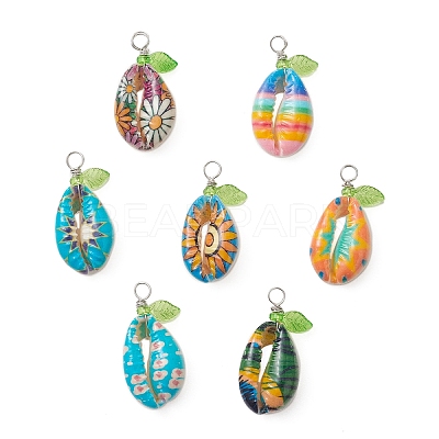 Summer Printed Natural Cowrie Shell Pendants PALLOY-JF04155-1