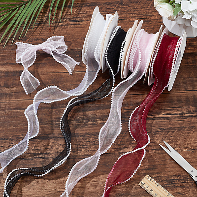 4 Rolls 4 Colors 5 Yards Organza Ribbon with Plastic Pearl Beads OCOR-WR0001-46-1