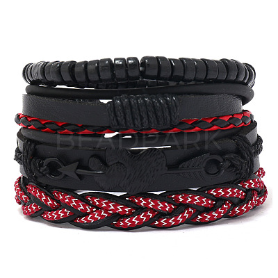 4Pcs 4 Styles Wood Beads Stretch Braceletas & Alloy Artificial Leather Cord Bracelet Sets for Men FS-WG9743B-06-1