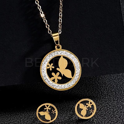 Ring 201 Stainless Steel Crystal Rhinestone Pendant Necklaces & Stud Earrings Sets FS-WGA12F6-08-1