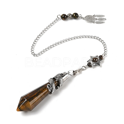 Natural Tiger Eye Cone Dowsing Pendulum Big Pointed Pendants AJEW-Z041-01G-AS-1
