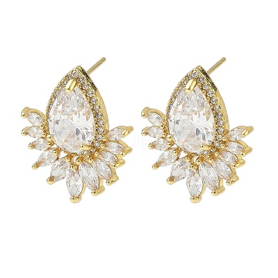 Brass & Clear Teardrop Cubic Zirconia Stud Earrings with Marquise Accents for Women KK-CBA36A2-12G-1