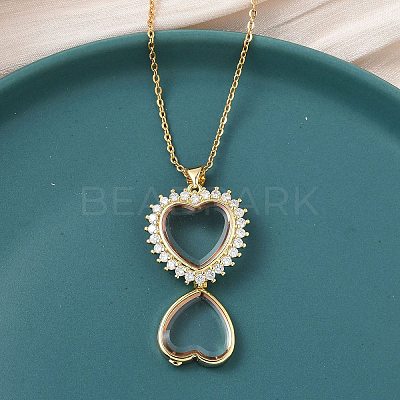 Brass Micro Pave Clear Cubic Zirconia and Glass Heart Locket Photo Pendant 304 Stainless Steel Chain Necklaces for Women NJEW-D341-01G-1