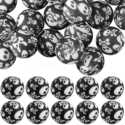 50Pcs Halloween Theme Printed Round Silicone Focal Beads SIL-SC0001-90-1
