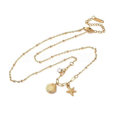Shell Shape & Starfish 304 Stainless Steel Rhinestone Pendant Necklaces for Women NJEW-M107-02G-1