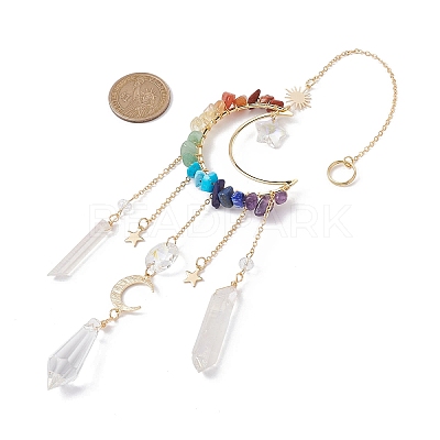 Natural & Synthetic Mixed Stone Wire Wrapped Moon Hanging Ornaments HJEW-JM01615-1