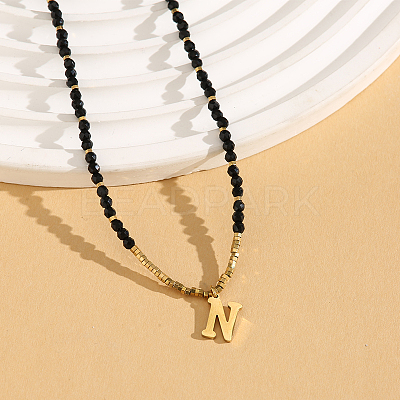 Stainless Steel Initial Pendant Faceted Round Natural Black Spinel Beaded Necklaces for Women ZD9259-14-1