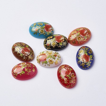 Printed Flower Picture Resin Cabochons GGLA-K001-10x14mm-1