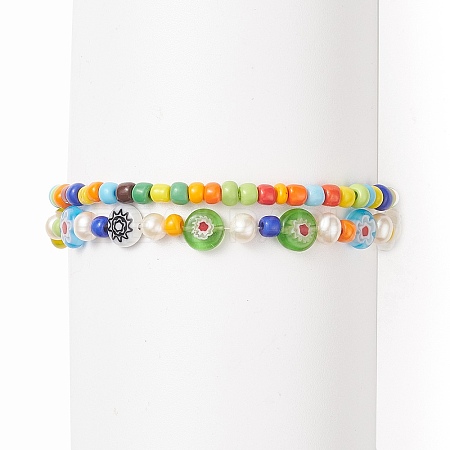 2Pcs 2 Style Natural Pearl & Lampwork Flower & Glass Seed Beaded Stretch Bracelets Set for Women BJEW-JB09101-1
