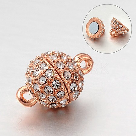Round Alloy Rhinestone Magnetic Clasps with Loops X-ALRI-E123-02RG-1