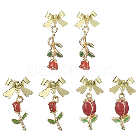 3 Pair 3 Style Enamel Rose with Bowknot Dangle Stud Earrings EJEW-JE05343-1