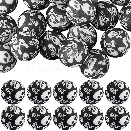 50Pcs Halloween Theme Printed Round Silicone Focal Beads SIL-SC0001-90-1