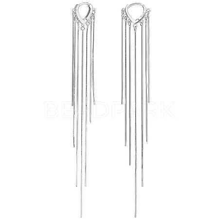 Rhodium Plated 925 Sterling Silver Chain Tassel Dangle Hoop Earrings JE1038A-1