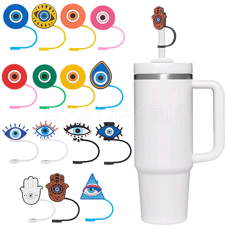 AHADERMAKER 15Pcs 15 Style Evil Eye Theme Silicone Straw Cap SIL-GA0001-17-1