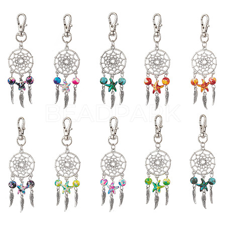 10Pcs 5 Styles Woven Net/Web with Wing Alloy Pendant Decorations HJEW-JM02975-01-1