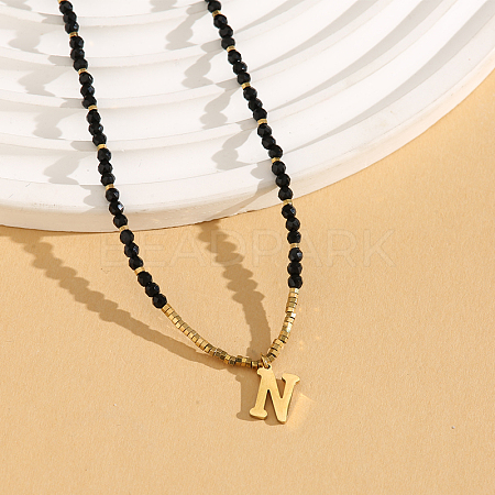 Stainless Steel Initial Pendant Faceted Round Natural Black Spinel Beaded Necklaces for Women ZD9259-14-1