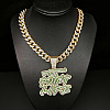 Hiphop Style Zinc Alloy Full Crystal Rhinestone Enamel Green Word Point Life Pendant Cuban Link Chain Necklaces for Men WG9A8ED-01-1