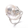 Natural Pearl Nugget with Cubic Zirconia Leaf Open Cuff Ring RJEW-P033-02P-02-2