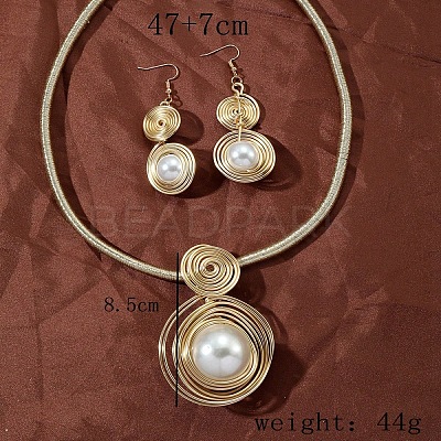 Oval Aluminum Wire Wrapped Acrylic Imitation Pearl with Imitation Leather Pendant Necklaces & Dangle Earrings Sets FS-WG4644F-01-1