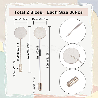 60 Sets 2 Size Round Tray Brass Stick Lapel Pins KK-SC0005-01-1