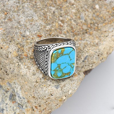 304 Stainless Steel with Synthetic Turquoise Finger Rings FS-WG67565-43-1