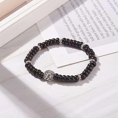 Coconut Shell Beaded Stretch Bracelet with Alloy Lion for Women BJEW-JB08208-1