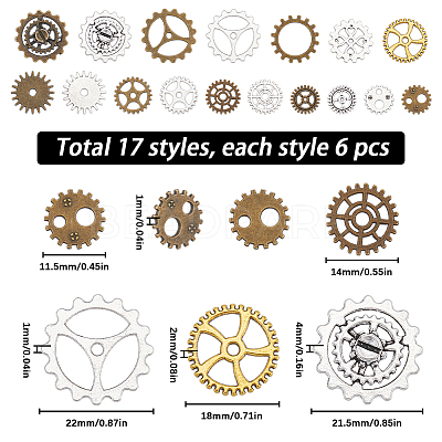 102Pcs 17 Style Tibetan Style Alloy Steampunk Charms Sets TIBEP-SC0002-44-1