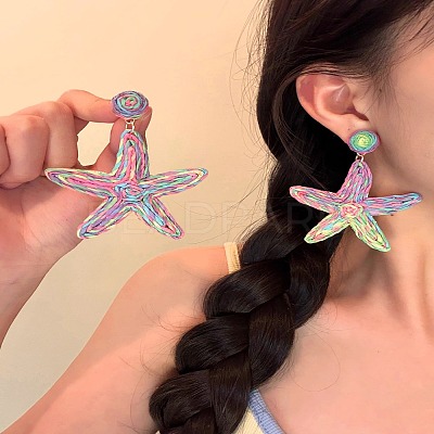 Round with Starfish Brass Raffia Dangle Stud Earrings FS-WG289C2-05-1