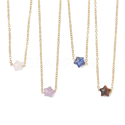 Natural Lepidolite & Larvikite & Lapis Lazuli & Rose Quartz & Tiger Eye Star Pendant 304 Stainless Steel Cable Chain Necklaces NJEW-JN05721-1