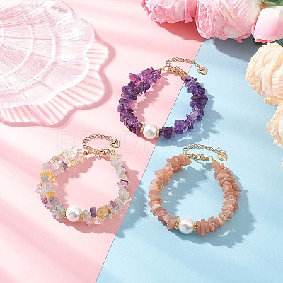3Pcs Natural Fluorite & Sunstone & Amethyst Chip Beaded Bracelets for Women BJEW-JB12306-1