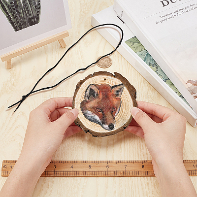 1 Set Flat Round & 3D Fox Pattern Wooden Pendant Decorations HJEW-CN0001-19-1