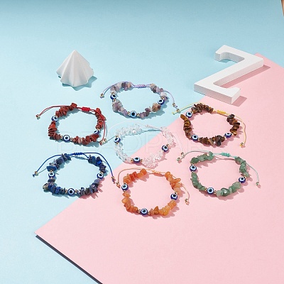 7Pcs 7 Style Natural Mixed Stone Chips & Resin Evil Eye Braided Bead Bracelets Set BJEW-JB08495-1