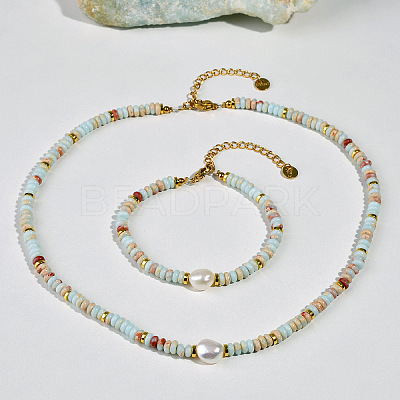Natural Shoushan Stone & Freshwater Pearl & Brass Rondelle Beaded Necklaces & Beaded Bracelets Sets WG98AF4-01-1