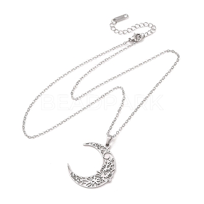 304 Stainless Steel Hollow Flower Moon Pendant Cable Chain Necklaces for Men Women NJEW-K308-01A-P-1