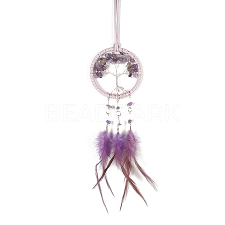 Iron & Natural Amethyst Woven Web/Net with Feather Pendant Decorations PW-WG44935-04-1