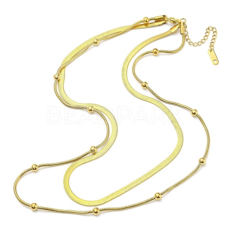 304 Stainless Steel Herringbone & Satellite Chains Double Layer Necklaces BJEW-K257-05G-1