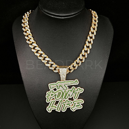 Hiphop Style Zinc Alloy Full Crystal Rhinestone Enamel Green Word Point Life Pendant Cuban Link Chain Necklaces for Men WG9A8ED-01-1