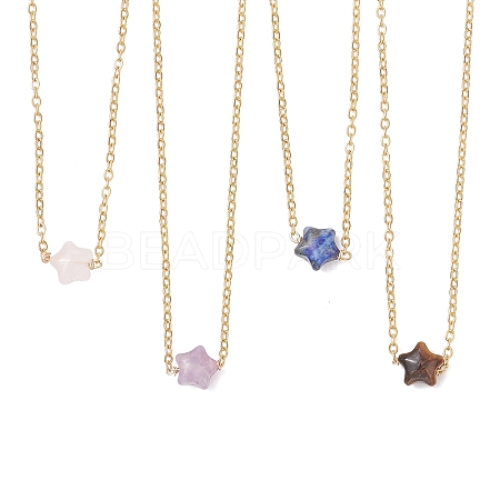 Natural Lepidolite & Larvikite & Lapis Lazuli & Rose Quartz & Tiger Eye Star Pendant 304 Stainless Steel Cable Chain Necklaces NJEW-JN05721-1