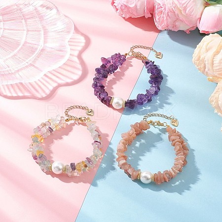 3Pcs Natural Fluorite & Sunstone & Amethyst Chip Beaded Bracelets for Women BJEW-JB12306-1