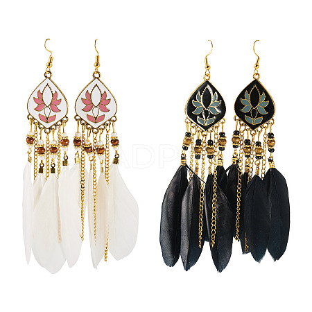 2 Pairs 2 Colors Bohemian Alloy Feather Dangle Earrings EJEW-TA0001-78B-1