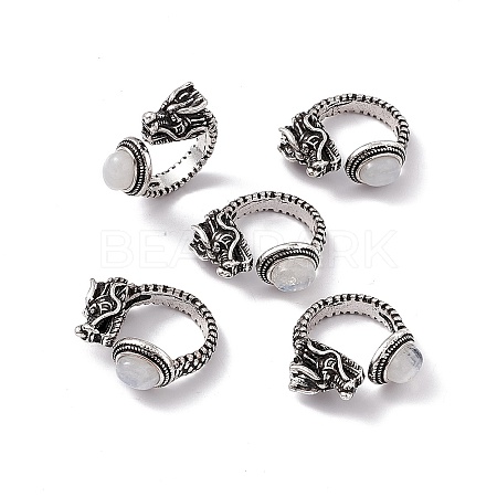 Dragon Head Natural Rainbow Moonstone Cuff Rings RJEW-G273-03AS-08-1