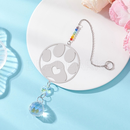 201 Stainless Steel Paw Print Shape & Rainbow Crystal Glass Hanging Suncatcher HJEW-JM04679-1
